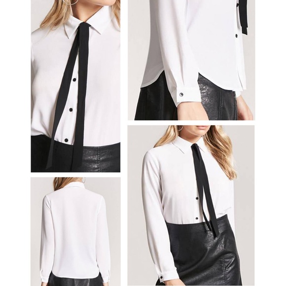 Off White Bow Tie Button Shirt Chiffon Blouse Top - Picture 4 of 8